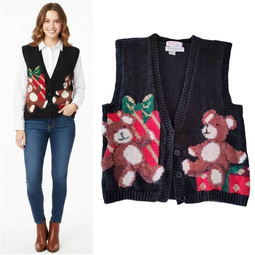 VTG‎ 80s 90s Talbot's Black Teddy Bear Knitted Christmas Sweater Vest Small